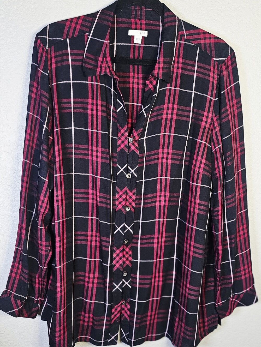J.Jill XL Plaid Rayon Button Front Tunic Shirt Black Burgundy